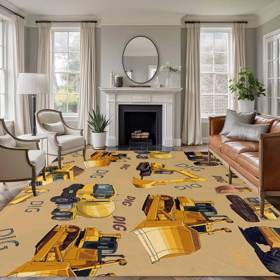 Area Rug for Living Room, Construction Truck Non-Slip Indoor Ex Large Carpet for Bedroom/Dining Room, Cartoon Grips and Bulldozers Turmeric Washable Rectangle Floor Runner Rugs - 8 x 10 Ft