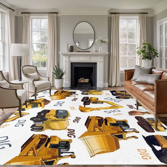 Area Rug for Living Room, Construction Truck Non-Slip Indoor Large Carpet for Bedroom/Dining Room, Cartoon Grips and Bulldozers Stirrup Car Washable Low-Profile Rectangle Floor Runner Rugs - 5 x 7 Ft