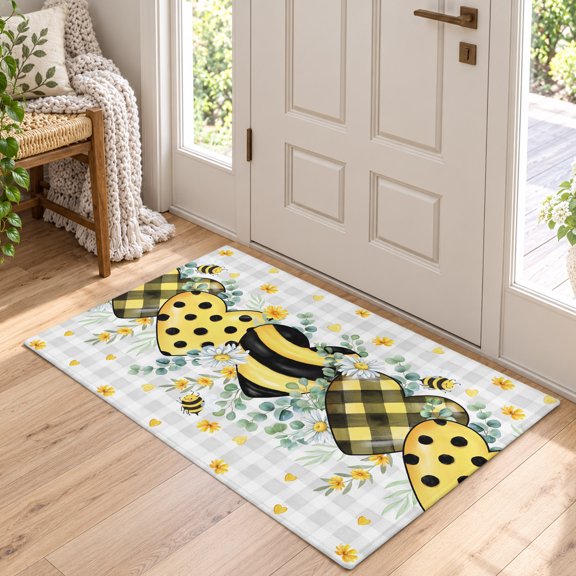 Area Rug for Living Room Country Flower Leaf Bee Heart Washable Rug 2x3ft, Soft Non-Slip Cushion Rugs Chenille Sponge, Rustic Gray White Buffalo Plaid Floor Carpet for Bedroom Dining Room Office
