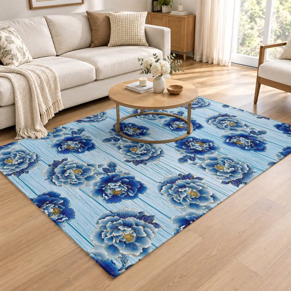 Area Rug for Living Room Country Peony Flower Wood Board Washable Rug 4x6ft, Soft Non-Slip Cushion Rugs Chenille Sponge, Blue Gradient Floral Floor Carpet for Bedroom Dining Room Office Nursery Home