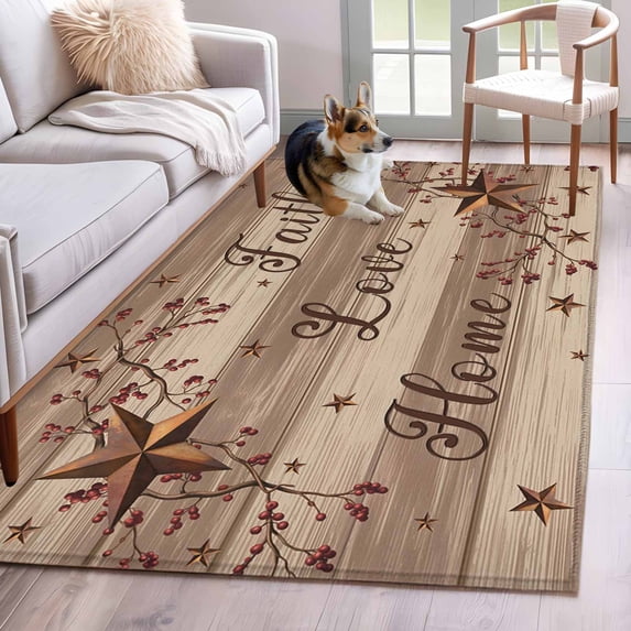 Area Rug for Living Room, Country Star Brown Non-Slip Indoor Large Carpet for Bedroom/Dining Room, Farmhouse Vintage Plants Wooden Washable Low-Profile Rectangle Floor Mat Runner Rugs - 2.7 x 5 Ft