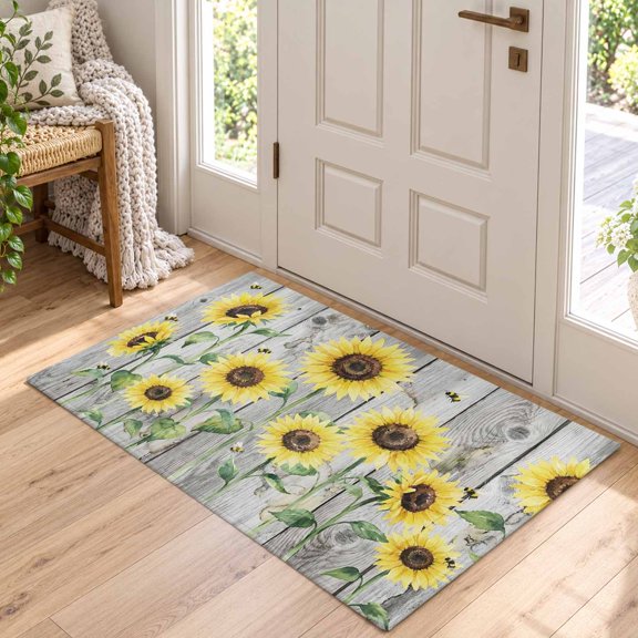 Area Rug for Living Room Country Sunflower Bee Retro Wooden Washable Rug 2x3ft, Soft Non-Slip Cushion Rugs Chenille Sponge, Farmhouse Plant Wood Board Floor Carpet for Bedroom Dining Room Office