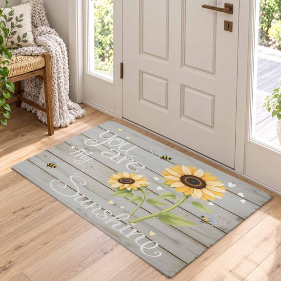 Area Rug for Living Room Country Sunflowers Bee Washable Rug 2x3ft, Soft Non-Slip Cushion Rugs Chenille Sponge, You Are My Sunshine Words on Wood Floor Carpet for Bedroom Dining Room Office Nursery