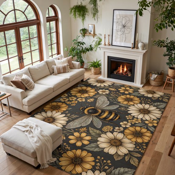 Area Rug for Living Room Country Vintage Bee Flower Washable Rug 5x7ft, Soft Non-Slip Cushion Rugs, Retro Pastoral Blossom Floral Leaf Floor Carpet for Bedroom Dining Room Office Nursery