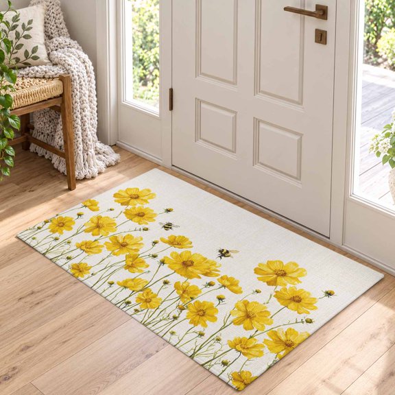 Area Rug for Living Room Country Yellow Flower Bee Washable Rug 2x3ft, Soft Non-Slip Cushion Rugs Chenille Sponge, Farm Plant Retro Linen Floor Carpet for Bedroom Dining Room Office Nursery Home Dorm