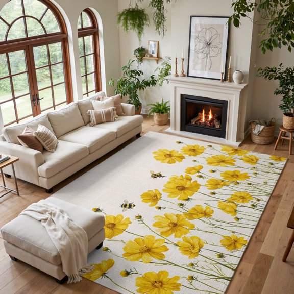 Area Rug for Living Room Country Yellow Flower Bee Washable Rug 5x7ft, Soft Non-Slip Cushion Rugs Chenille Sponge, Farm Plant Retro Linen Floor Carpet for Bedroom Dining Room Office Nursery