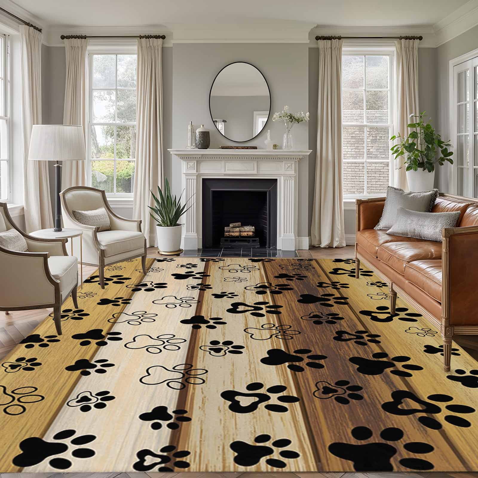Area Rug for Living Room, Cute Dog Claws Non-Slip Indoor Large Carpet for Bedroom/Dining Room, Farmhouse Brown Wooden Grain Puppy Pawprints Washable Low-Profile Rectangle Floor Runner Rugs - 6 x 9 Ft