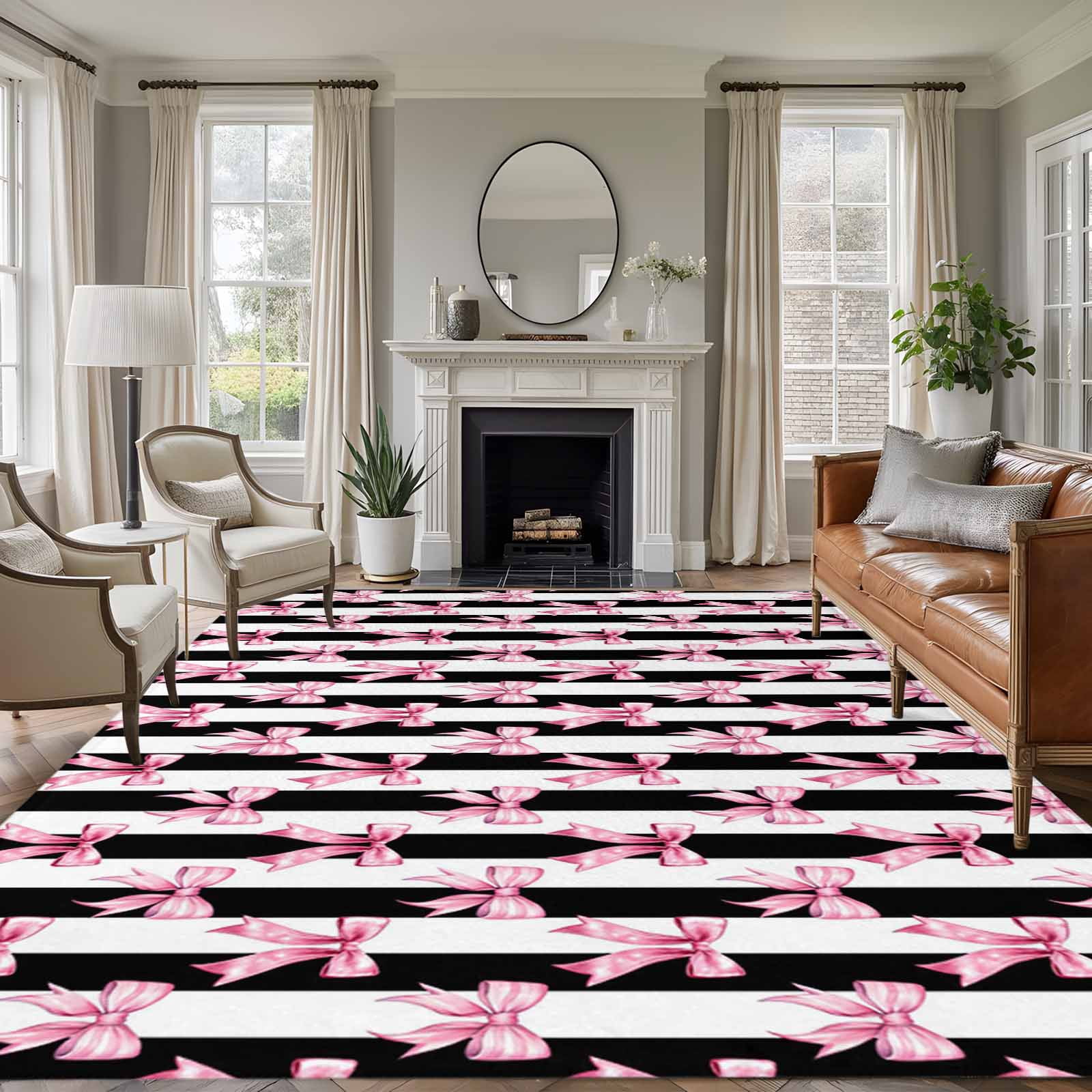 Preppy Rug Designs Area Rug for Living Room, Cute Pink Bow Non-Slip Indoor Large Carpet ...