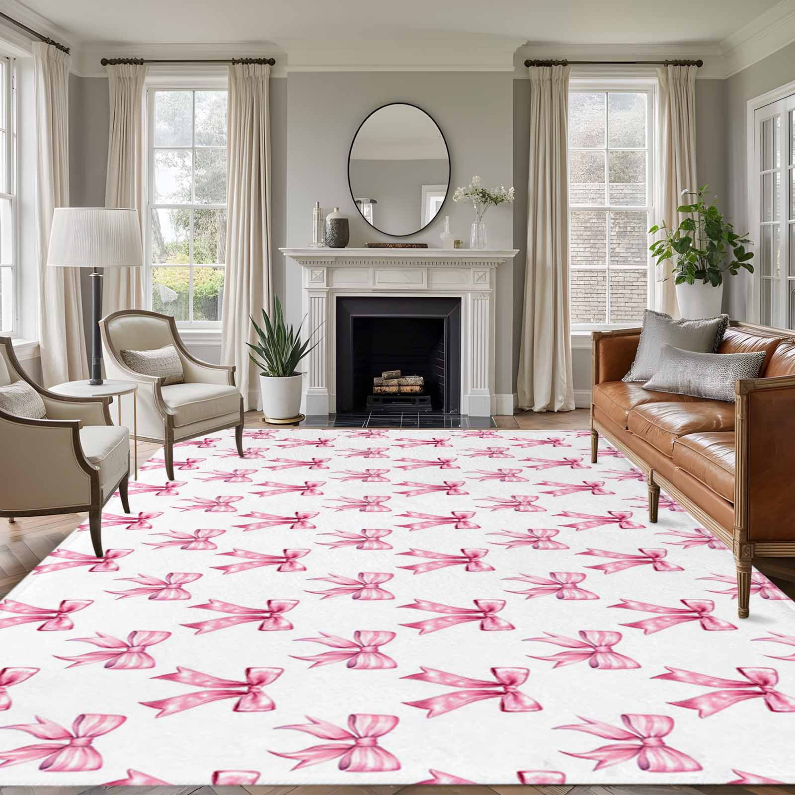 Area Rug for Living Room, Cute Pink Bow Non-Slip Indoor Large Carpet ...