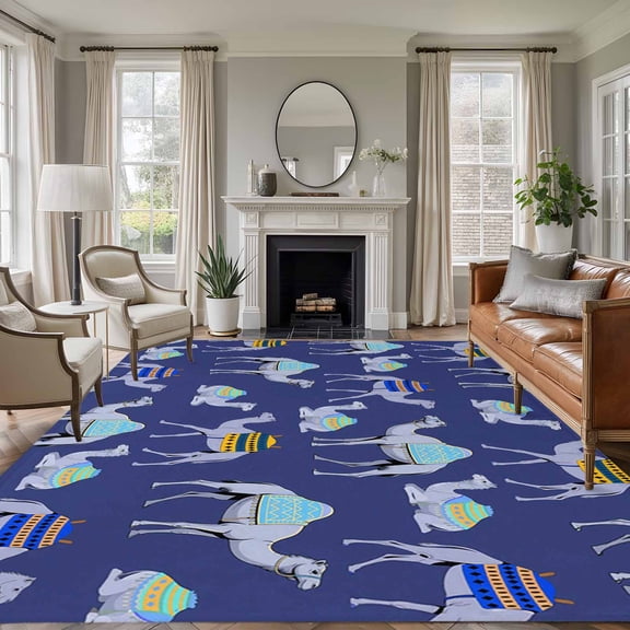 Area Rug for Living Room, Dark Blue Camels Non-Slip Indoor Large Carpet for Bedroom/Dining Room, Modern Watercolor Cute Funny Animals Washable Low-Profile Rectangle Floor Runner Rugs - 6 x 9 Ft