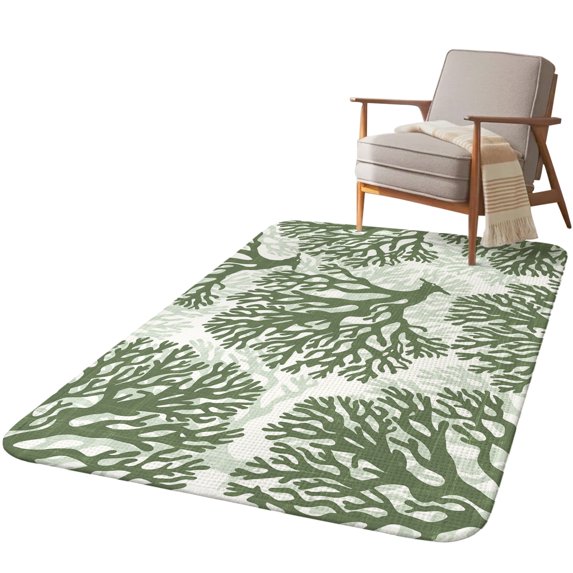 Area Rug for Living Room, Dark Green Coral Absorbent Non Slip Washable Rug, Coastal Summer Ocean Nautical Sea Low Profile Large Bedroom Carpet Rugs for Dining Room, Play Room, 63 x 79 In