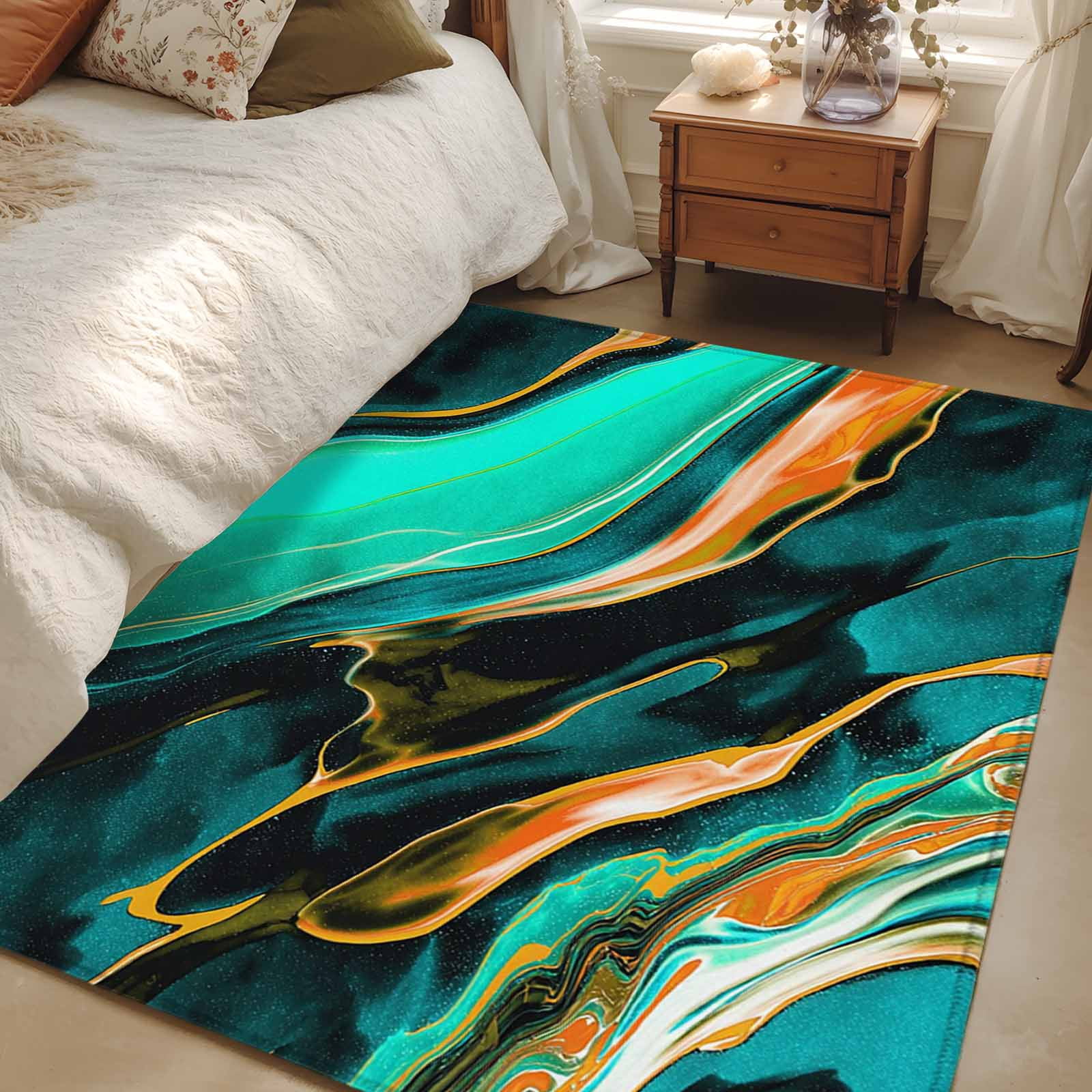 Area Rug for Living Room, Dark Green Orange Marble Non-Slip Indoor ...
