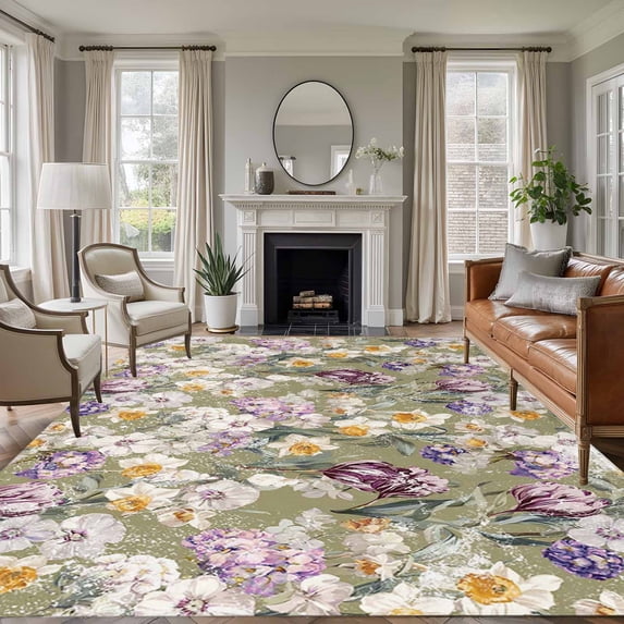 Area Rug for Living Room, Dark Sage Green Botanical Non-Slip Indoor Large Carpet for Bedroom/Dining Room, Spring Floral Summer Botanical Retro Washable Low-Profile Floor Runner Rugs - 5 x 7 Ft
