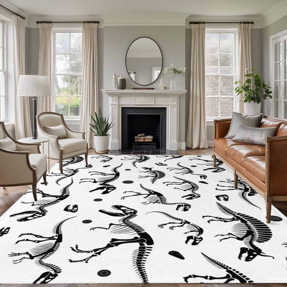 Area Rug for Living Room, Dinosaur Fossils Non-Slip Indoor Large Carpet for Bedroom/Dining Room, White Black Ancient Animals Washable Low-Profile Rectangle Floor Runner Rugs - 5 x 7 Ft