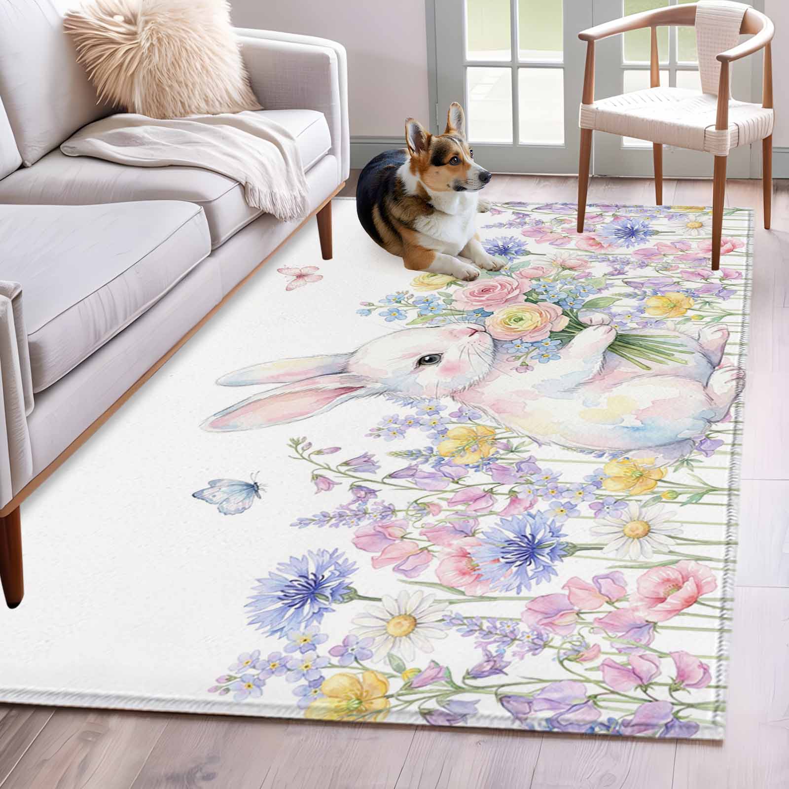 Area Rug for Living Room, Easter Bunnies Non-Slip Indoor Large Carpet ...