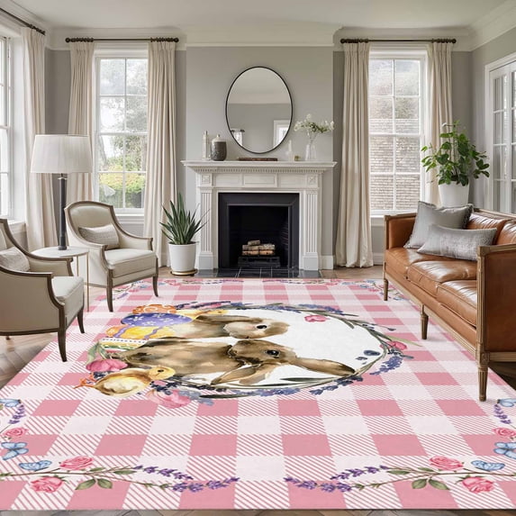 Area Rug for Living Room, Easter Bunny Non-Slip Indoor Large Carpet for Bedroom/Dining Room, Spring Easter Eggs Chick Floral Pink Check Washable Low-Profile Rectangle Floor Runner Rugs - 5 x 7 Ft