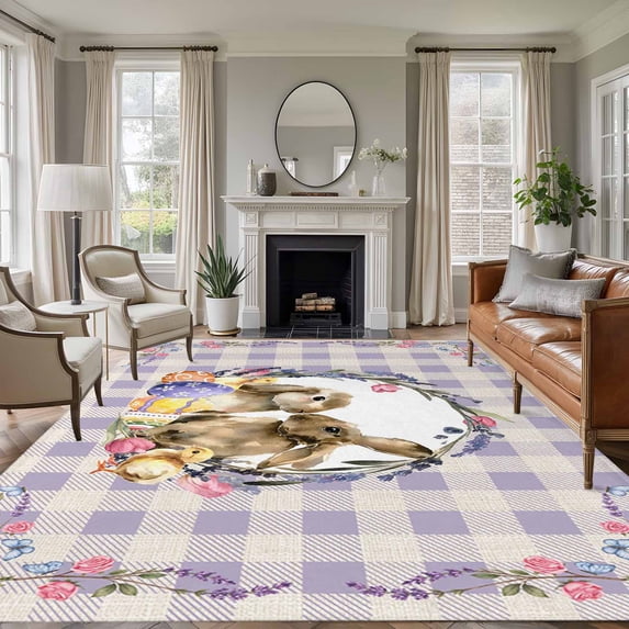 Area Rug for Living Room, Easter Bunny Non-Slip Indoor Large Carpet for Bedroom/Dining Room, Spring Easter Eggs Chick Floral Purple Check Washable Low-Profile Rectangle Floor Runner Rugs - 5 x 8 Ft