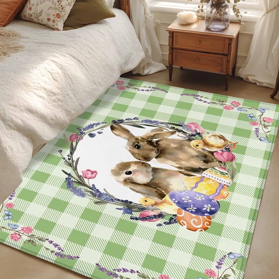 Area Rug for Living Room, Easter Bunny Non-Slip Indoor Large Carpet for Bedroom/Dining Room, Spring Easter Eggs Chick Floral Sage Green Check Washable Low-Profile Floor Runner Rugs - 4 x 6 Ft