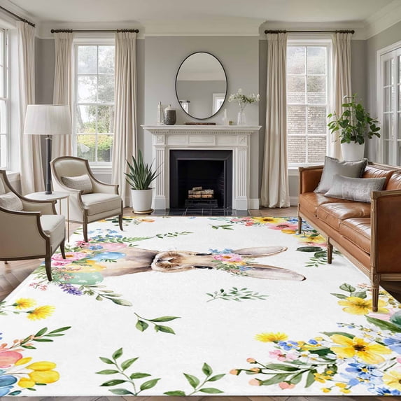 Area Rug for Living Room, Easter Bunny Non-Slip Indoor Large Carpet for Bedroom/Dining Room, Spring Watercolor Country Flower Leaf Plant Washable Low-Profile Rectangle Floor Runner Rugs - 5 x 8 Ft