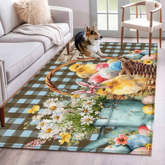 Area Rug for Living Room, Easter Chicken Eggs Non-Slip Indoor Large Carpet for Bedroom/Dining Room, Spring Daisy Flowers Blue Brown Plaid Washable Low-Profile Rectangle Floor Runner Rugs - 4 x 6 Ft