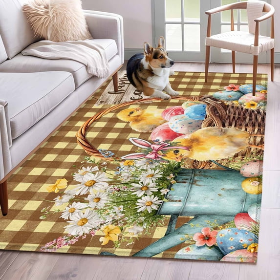 Area Rug for Living Room, Easter Chicken Eggs Non-Slip Indoor Large Carpet for Bedroom/Dining Room, Spring Daisy Flowers Yellow Brown Check Washable Low-Profile Rectangle Floor Runner Rugs - 4 x 6 Ft