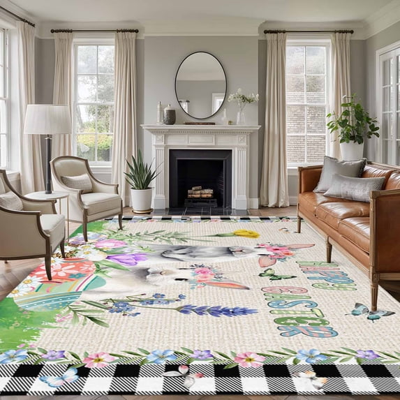 Area Rug for Living Room, Easter Non-Slip Indoor Large Carpet for Bedroom/Dining Room, Country Rabbits Eggs Floral Leaves Butterfly Plaid Washable Low-Profile Rectangle Floor Runner Rugs - 6 x 9 Ft