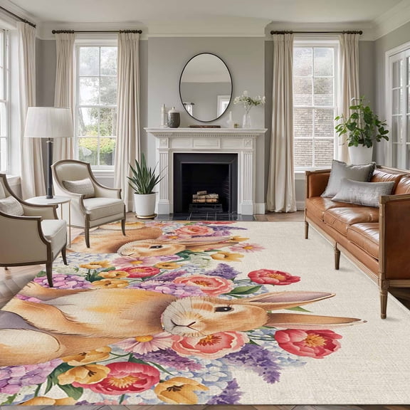 Area Rug for Living Room, Easter Non-Slip Indoor Large Carpet for Bedroom/Dining Room, Farmhouse Rabbits Botanical Rose Flowers Bunny Washable Low-Profile Rectangle Floor Runner Rugs - 6 x 9 Ft