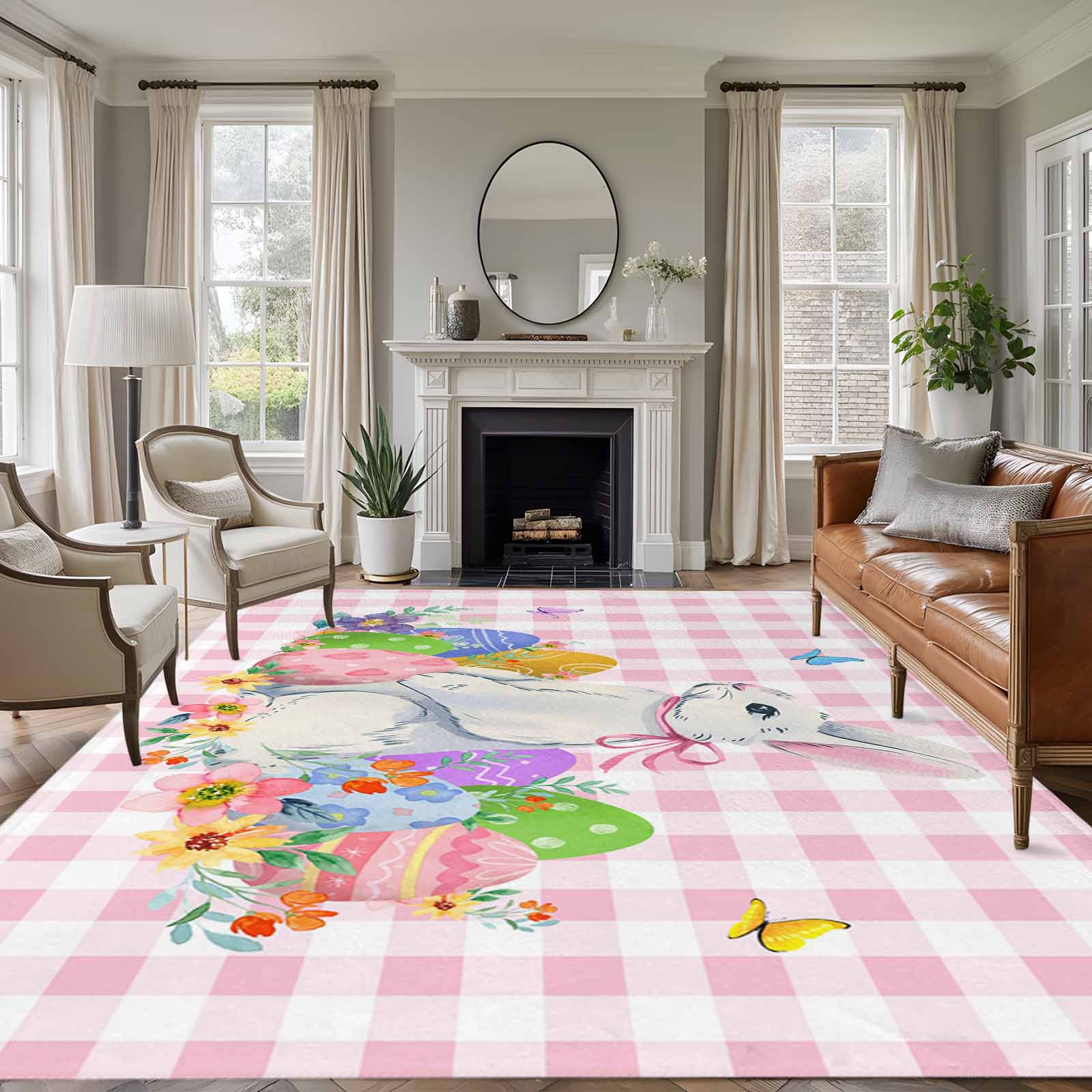 Pink Easter Rug Area Rug for Living Room, Easter Non-Slip Indoor Large Carpet for ...