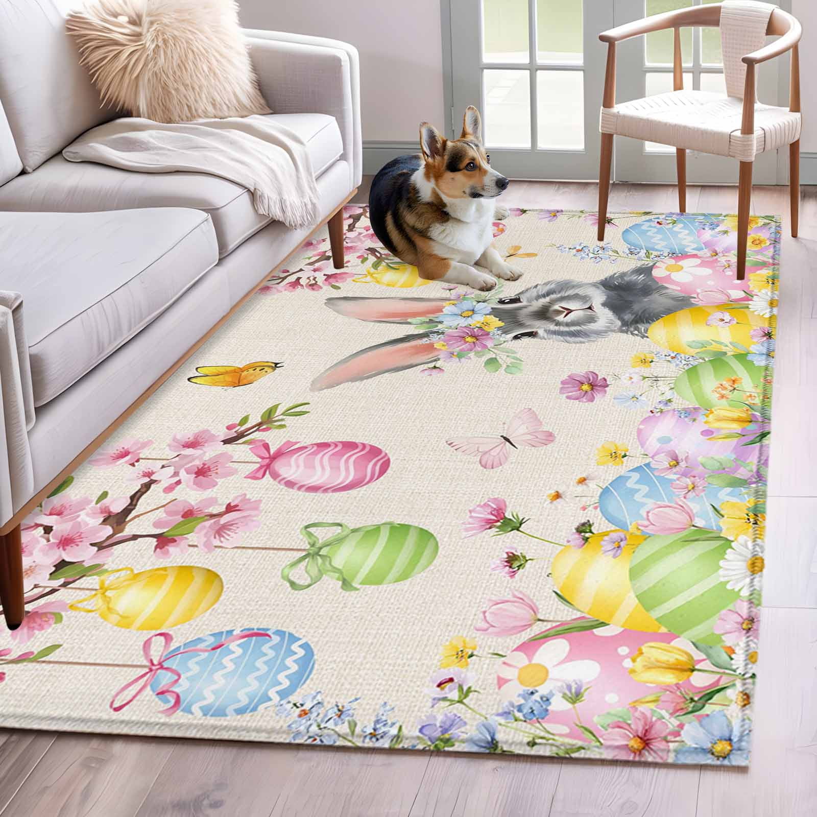 Area Rug for Living Room, Easter Rabbits Non-Slip Indoor Large Carpet ...