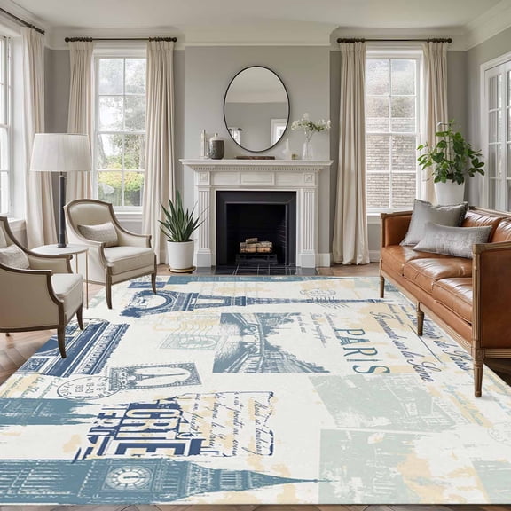 Area Rug for Living Room, Eiffel Tower Non-Slip Indoor Ex Large Carpet for Bedroom/Dining Room, European Architectural Retro Hand-Painted Washable Low-Profile Rectangle Floor Runner Rugs - 8 x 10 Ft
