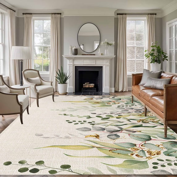 Area Rug for Living Room, Eucalyptus Leaves Non-Slip Indoor Ex Large Carpet for Bedroom/Dining Room, Green Summer Botanical Rustic Washable Low-Profile Rectangle Floor Runner Rugs - 8 x 10 Ft
