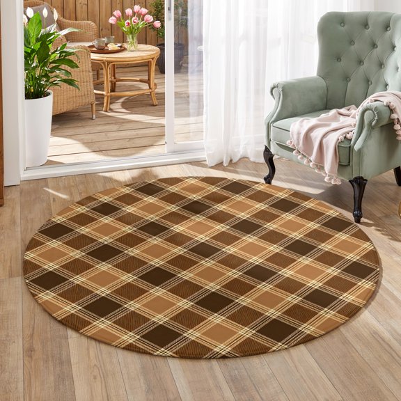 Area Rug for Living Room Fall Brown Buffalo Plaid Washable Round Rug 3ft, Soft Non-Slip Cushion Rugs Chenille Sponge, Rustic Retro Checker Lattice Floor Carpet for Bedroom Dining Room Office Nursery