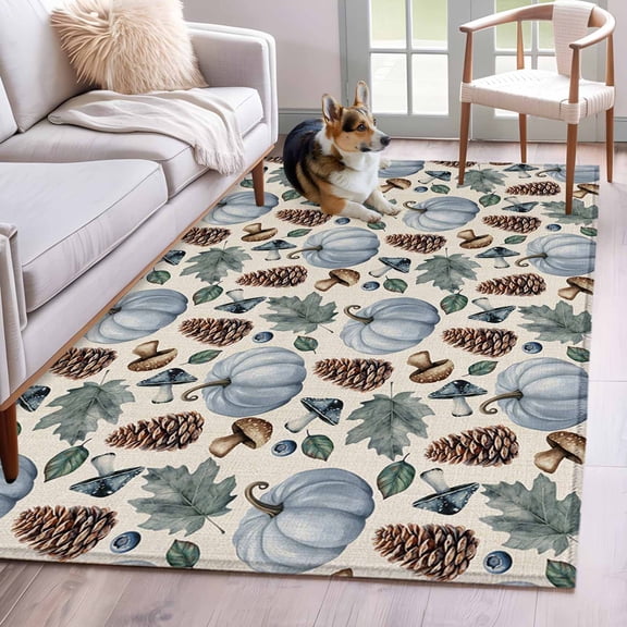 Area Rug for Living Room, Fall Pumpkin Maple Non-Slip Indoor Large Carpet for Bedroom/Dining Room, Thanksgiving Mushrooms Rustic Pine Cone Washable Low-Profile Rectangle Floor Runner Rugs - 4 x 6 Ft