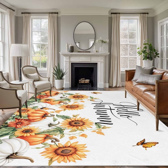 Area Rug for Living Room, Fall Thanksgiving Non-Slip Indoor Large Carpet for Bedroom/Dining Room, Orange Pumpkin Sunflowers Butterfly Washable Low-Profile Rectangle Floor Runner Rugs - 6 x 9 Ft