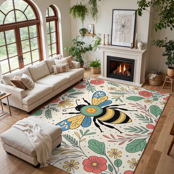Area Rug for Living Room Farm Bee Flower Leaves Washable Rug 5x7ft, Soft Non-Slip Cushion Rugs Chenille Sponge, Blue Polka Dot Floor Carpet for Bedroom Dining Room Office Nursery Home Dorm