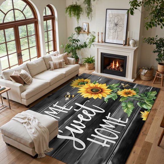Area Rug for Living Room Farm Sunflower Bee Sweet Home Text Washable Rug 5x7ft, Soft Non-Slip Cushion Rugs, Vintage Black Grey Wood Floor Carpet for Bedroom Dining Room Office Nursery