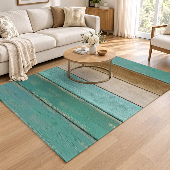 Area Rug for Living Room Farm Teal Gradient Wood Board Washable Rug 4x6ft, Soft Non-Slip Cushion Rugs Chenille Sponge, Brown Plank Floor Carpet for Bedroom Dining Room Office Nursery Home Dorm
