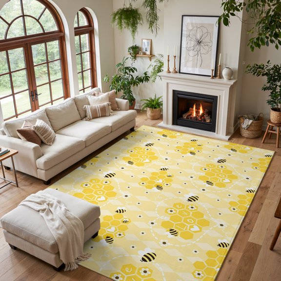 Area Rug for Living Room Farm Yellow Bee Honeycomb Washable Rug 5x7ft, Soft Non-Slip Cushion Rugs Chenille Sponge, Geometric Floral Love Heart Floor Carpet for Bedroom Dining Room Office Nursery