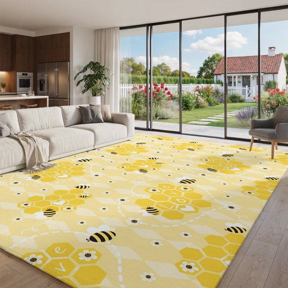 Area Rug for Living Room Farm Yellow Bee Honeycomb Washable Rug 8x10ft, Soft Non-Slip Cushion Rugs Chenille Sponge, Geometric Floral Love Heart Floor Carpet for Bedroom Dining Room Office Nursery