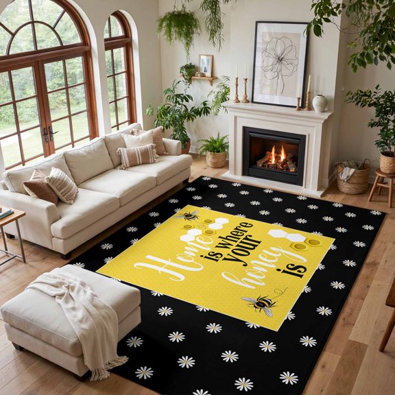 Area Rug for Living Room Farmhouse Bee Honeycomb Yellow Washable Rug 5x7ft, Soft Non-Slip Cushion Rugs Chenille Sponge, Honey Home Quote Polka Dot Floor Carpet for Bedroom Dining Room Office Nursery