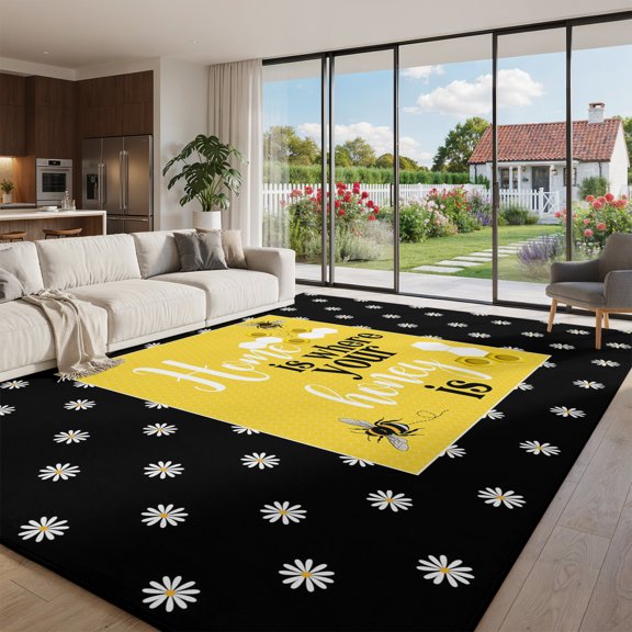 Area Rug for Living Room Farmhouse Bee Honeycomb Yellow Washable Rug 8x10ft, Soft Non-Slip Cushion Rugs Chenille Sponge, Honey Quote Polka Dot Floor Carpet for Bedroom Dining Room Office Nursery