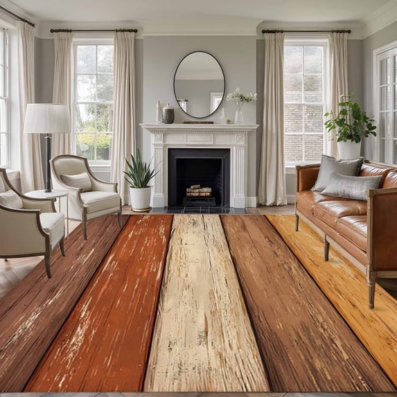 Area Rug for Living Room, Farmhouse Burnt Orange Brown Non-Slip Indoor Large Carpet for Bedroom/Dining Room, Vintage Wooden Striped Washable Low-Profile Rectangle Floor Runner Rugs - 5 x 8 Ft
