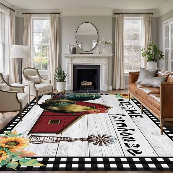 Area Rug for Living Room, Farmhouse Rooster Non-Slip Indoor Large Carpet for Bedroom/Dining Room, Rustic Red Barn Windmill Sunflowers Washable Low-Profile Rectangle Floor Runner Rugs - 5 x 8 Ft