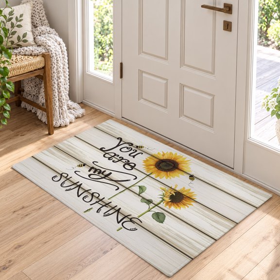 Area Rug for Living Room Farmhouse Sunflower Bee Washable Rug 2x3ft, Soft Non-Slip Cushion Rugs Chenille Sponge, Rustic Yellow Flower Retro Wood Board Floor Carpet for Bedroom Dining Room Office