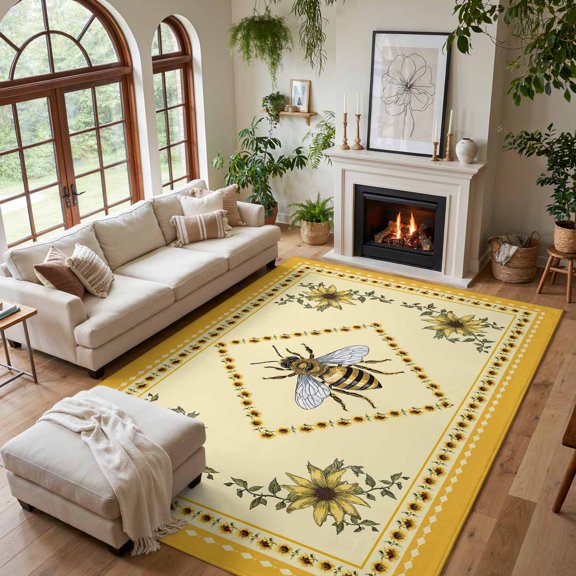 Area Rug for Living Room Farmhouse Sunflower Bee Washable Rug 5x7ft, Soft Non-Slip Cushion Rugs, Pastoral Floral Retro Yellow Theme Floor Carpet for Bedroom Dining Room Office Nursery