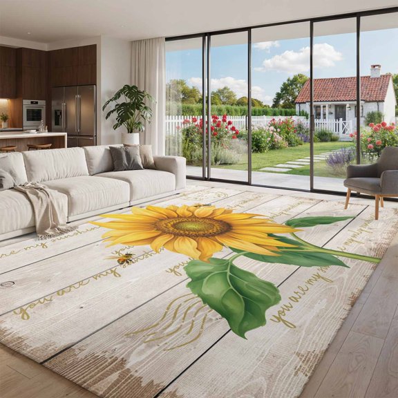 Area Rug for Living Room Farmhouse Yellow Sunflower Bee Washable Rug 8x10ft, Soft Non-Slip Cushion Rugs Chenille Sponge, Vintage Wood Barn Floor Carpet for Bedroom Dining Room Office Nursery Home