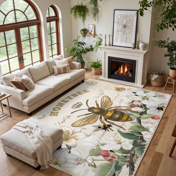 Area Rug for Living Room Farmhouses Turquoise Washable Rug 5x7ft, Soft Non-Slip Cushion Rugs Chenille Sponge, Bees on Vintage Letter Floor Carpet for Bedroom Dining Room Office Nursery Home Dorm