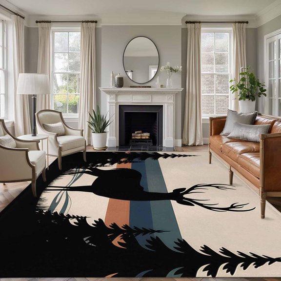 Area Rug for Living Room, Forest Elk Non-Slip Indoor Ex Large Carpet for Bedroom/Dining Room, Animal Antlers Silhouette Tree Stripes Washable Low-Profile Rectangle Floor Runner Rugs - 8 x 10 Ft
