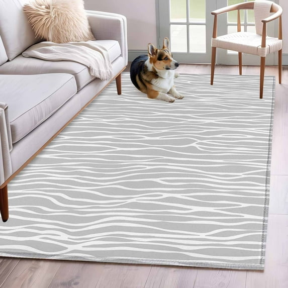 Area Rug for Living Room, Gray Lines Non-Slip Indoor Large Carpet for Bedroom/Dining Room, Vintage Wave Stripes Texture Simple Washable Low-Profile Rectangle Floor Mat Runner Rugs - 3 x 5 Ft