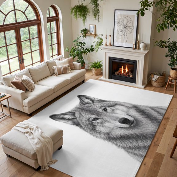 Area Rug for Living Room Gray Timber Wolf Sketch Washable Rug 5x7ft, Soft Non-Slip Cushion Rugs Chenille Sponge, Minimalist Wildlife Pattern Floor Carpet for Bedroom Dining Room Office Nursery